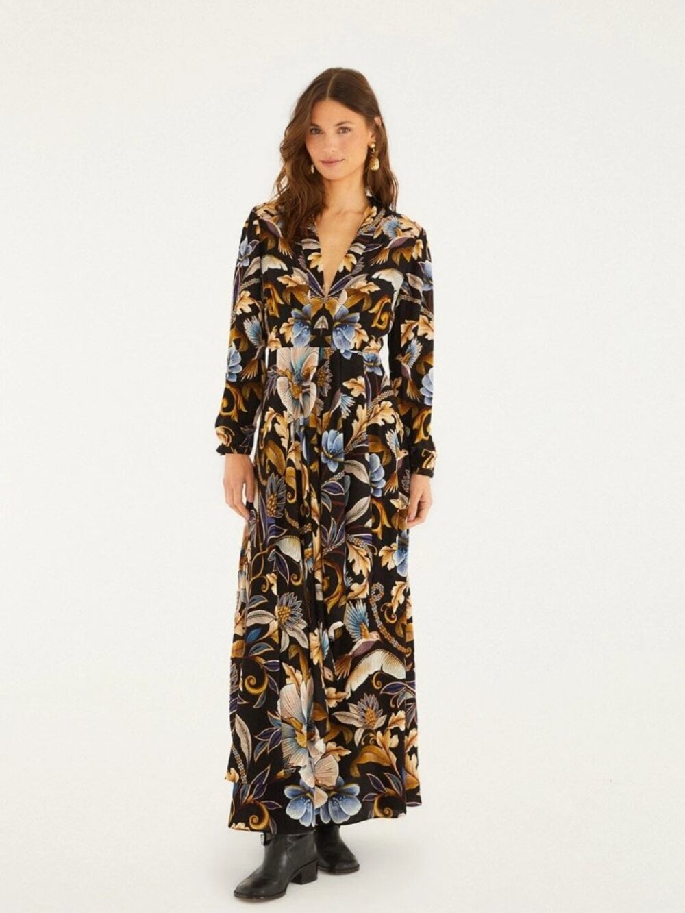 FARM Rio Black Snake Garden Maxi Dress Long Sleeve Women's Size XS